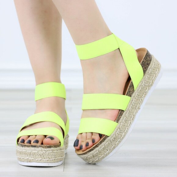 Neon Yellow Elastic Strappy Sandals Espadrille Platform Heel - Picture 10 of 14